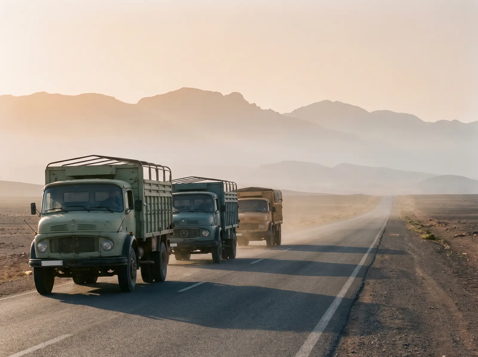 Three green freight trucks on a straight desert highway at dawn, mountains fading into the haze behind them