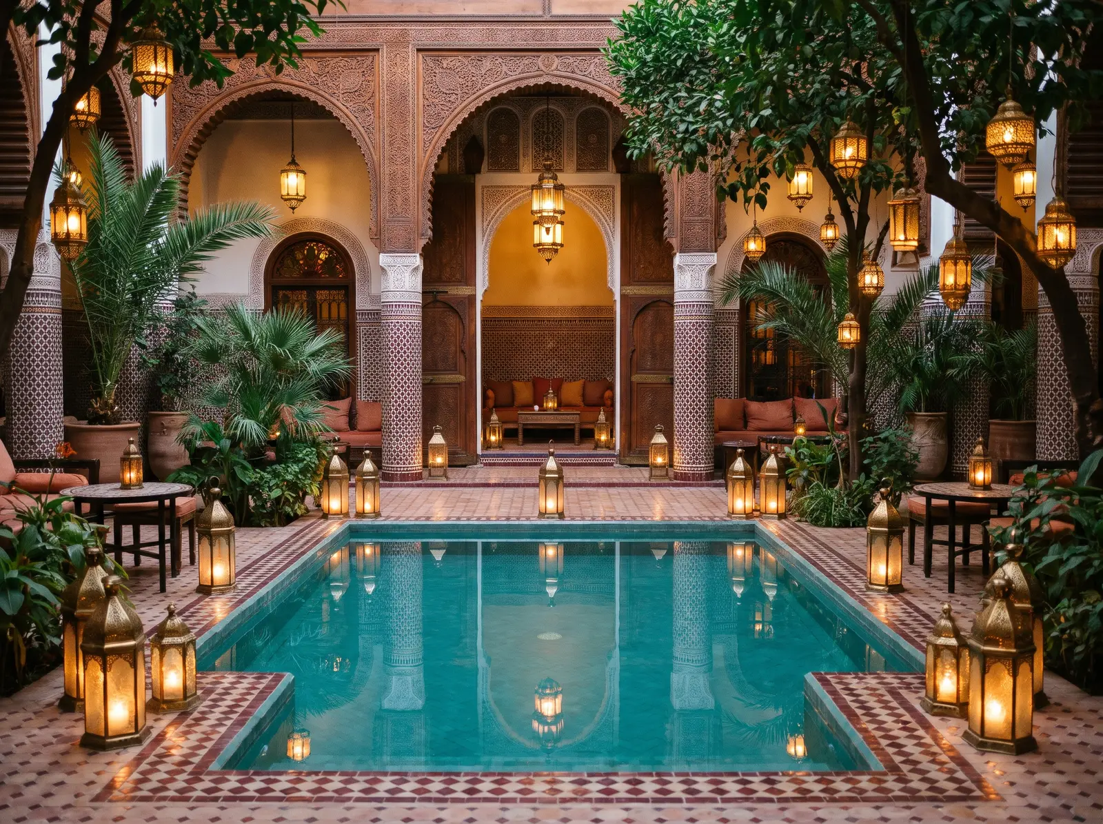 A tiled riad courtyard at dusk: a turquoise pool between palms and potted plants, ringed by glowing brass lanterns