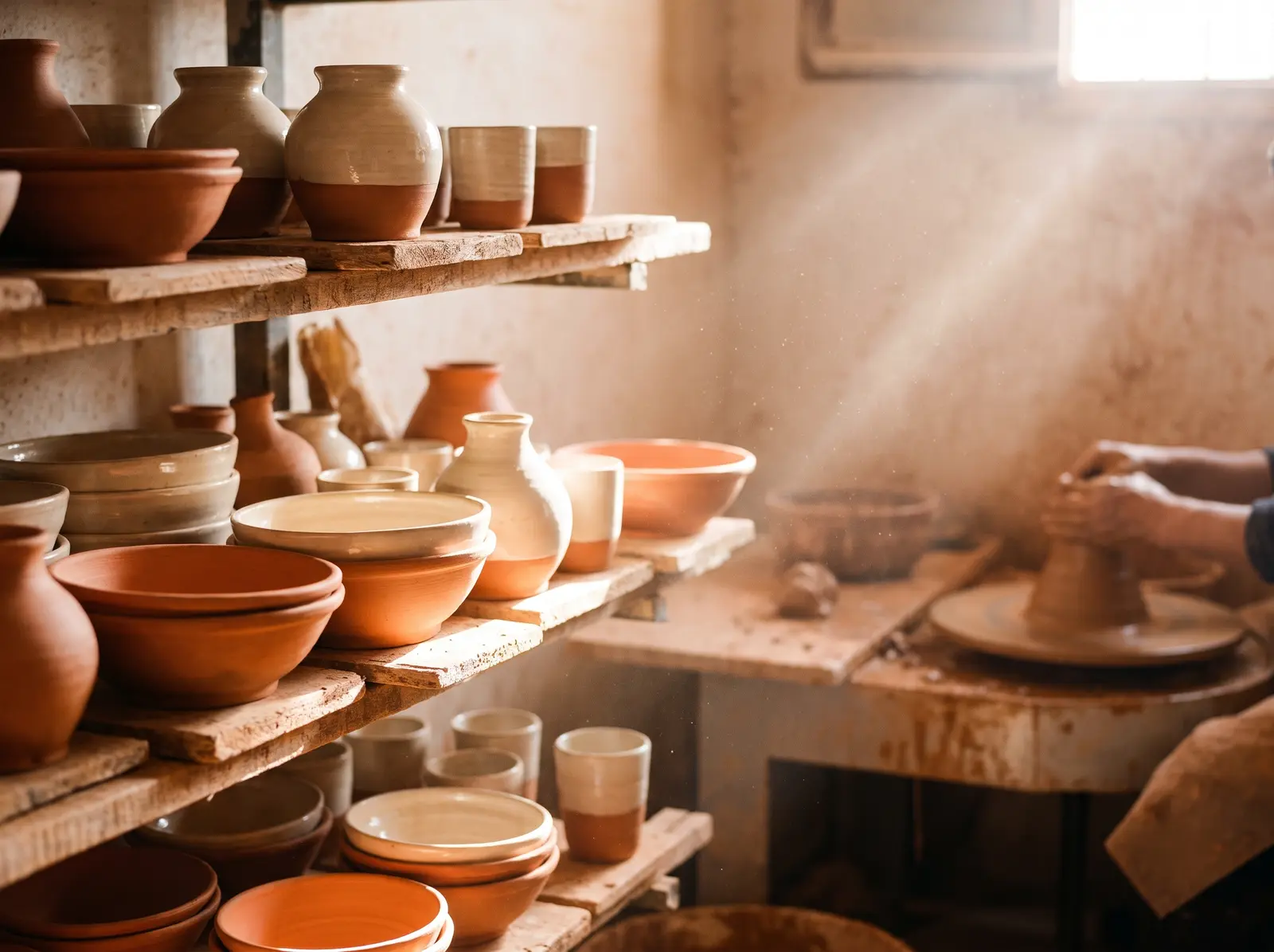 Terracotta bowls and vases on wooden shelves in a sunlit pottery workshop, with a potter shaping clay at the wheel