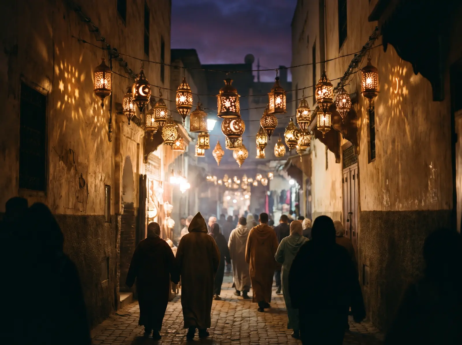 A narrow medina lane at night strung with hundreds of glowing brass lanterns, people walking beneath them