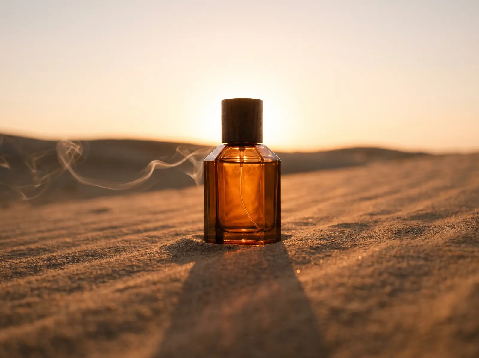 An amber perfume bottle standing on rippled sand at sunset, a thread of smoke drifting past it